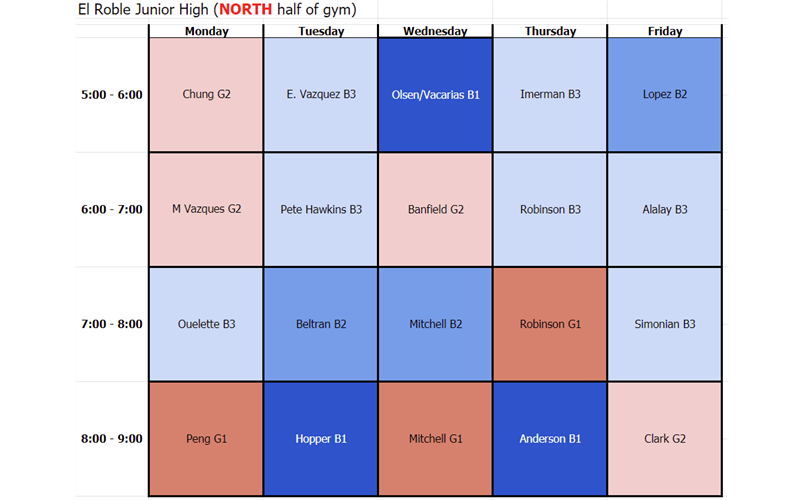 Team Practice Schedule 1 (North End of Gym)