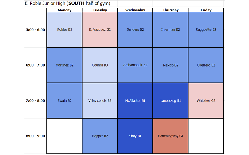 Team Practice Schedule 2 (South End of Gym)