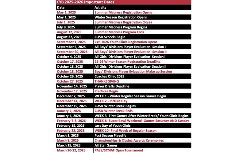 CYB 2025-2026 Important Dates Calendar