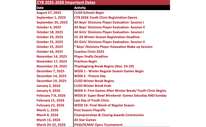 CYB 2025-2026 Important Dates Calendar