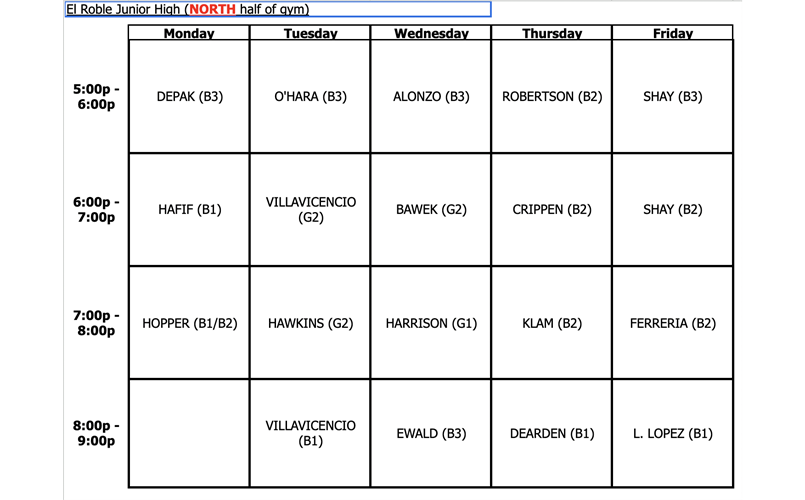 2025-2026 Indoor Practice Schedule- North