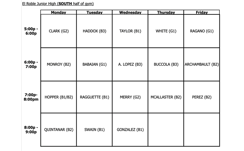 2025-2026 Indoor Practice Schedule- South